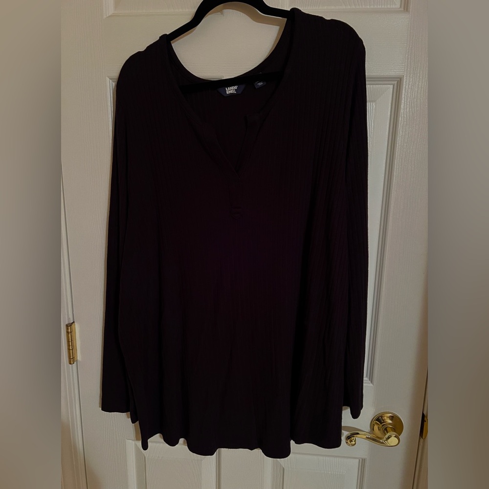 Lands' End Black Henley-like Notched Collar Ribbed Long Sleeve Tunic